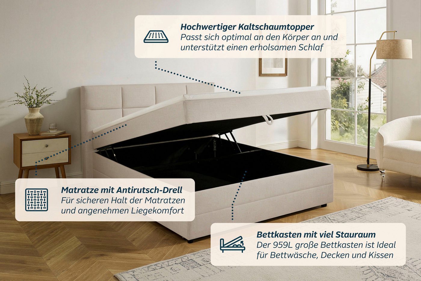 OTTO home Boxbett FILLMORE, Polsterbett mit Bettkasten und Taschenfederkernmatratze H3, mit Kaltschaumtopper, Strukturstoff-Bezug, 140x200 & 180x200 cm – Bild 5 von 5