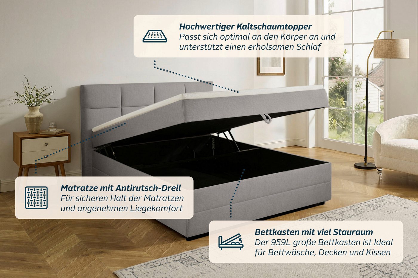 OTTO home Boxbett FILLMORE, Polsterbett mit Bettkasten und Taschenfederkernmatratze H3, mit Kaltschaumtopper, Strukturstoff-Bezug, 140x200 & 180x200 cm – Bild 5 von 5