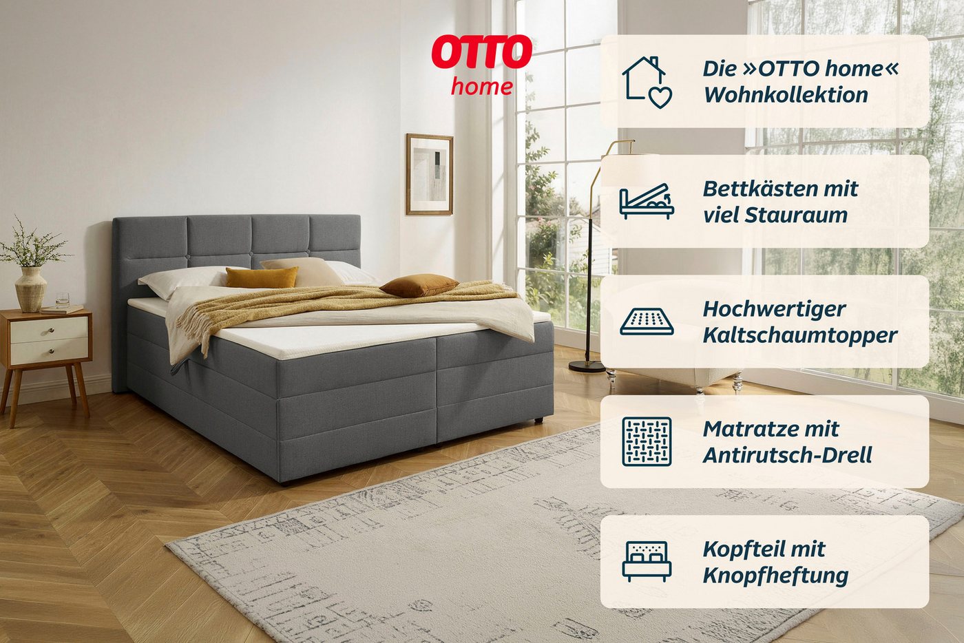 OTTO home Boxbett FILLMORE, Polsterbett mit Bettkasten und Taschenfederkernmatratze H3, mit Kaltschaumtopper, Strukturstoff-Bezug, 140x200 & 180x200 cm – Bild 4 von 5