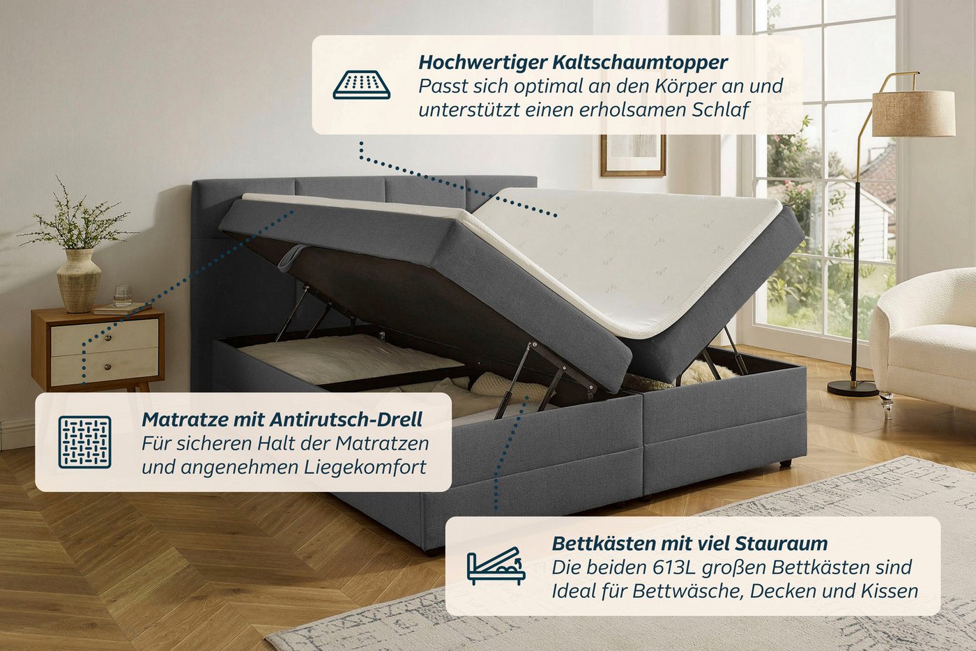 OTTO home Boxbett FILLMORE, Polsterbett mit Bettkasten und Taschenfederkernmatratze H3, mit Kaltschaumtopper, Strukturstoff-Bezug, 140x200 & 180x200 cm – Bild 5 von 5