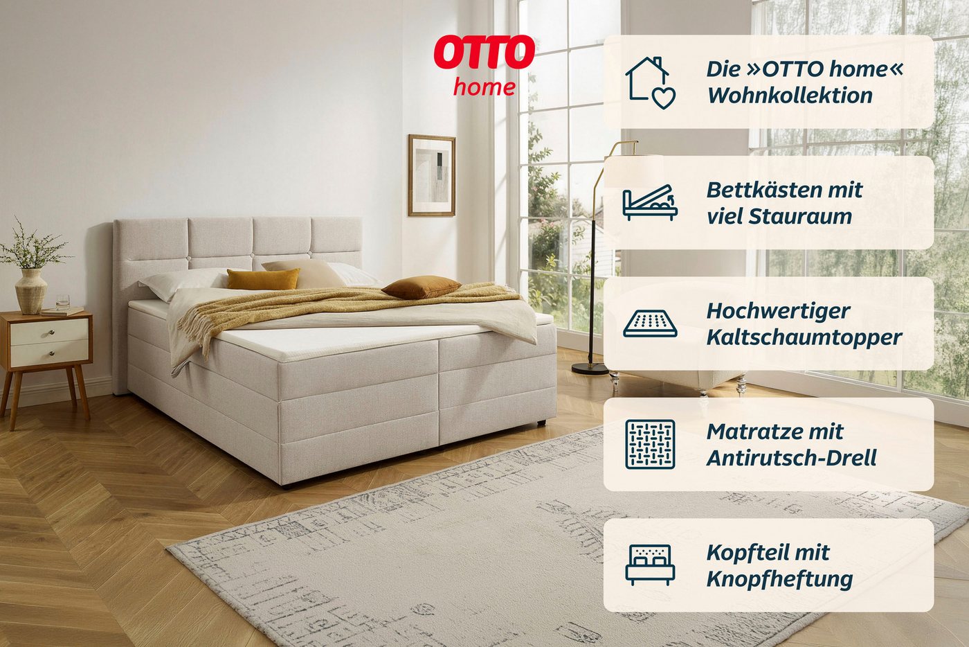 OTTO home Boxbett FILLMORE, Polsterbett mit Bettkasten und Taschenfederkernmatratze H3, mit Kaltschaumtopper, Strukturstoff-Bezug, 140x200 & 180x200 cm – Bild 4 von 5