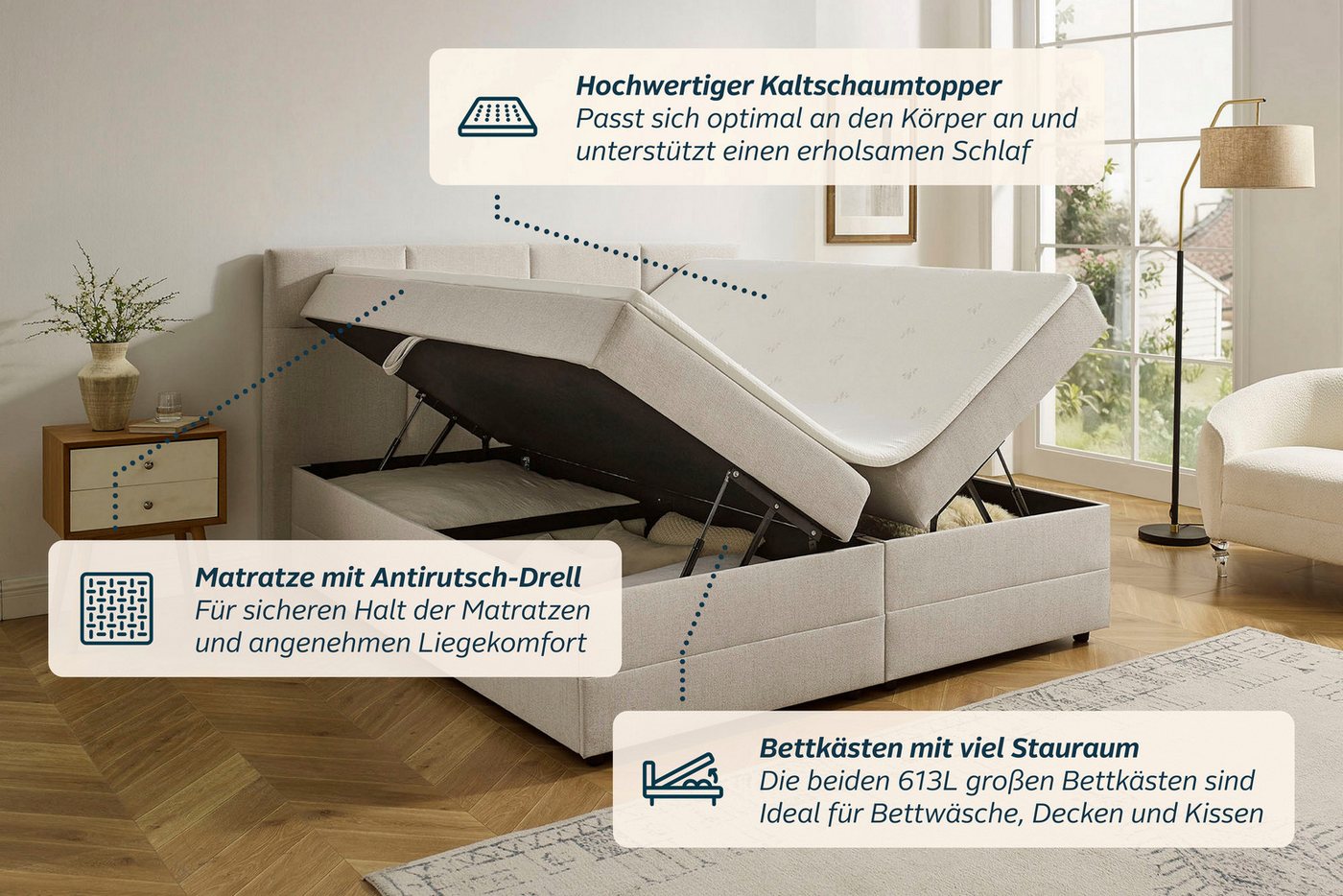 OTTO home Boxbett FILLMORE, Polsterbett mit Bettkasten und Taschenfederkernmatratze H3, mit Kaltschaumtopper, Strukturstoff-Bezug, 140x200 & 180x200 cm – Bild 5 von 5