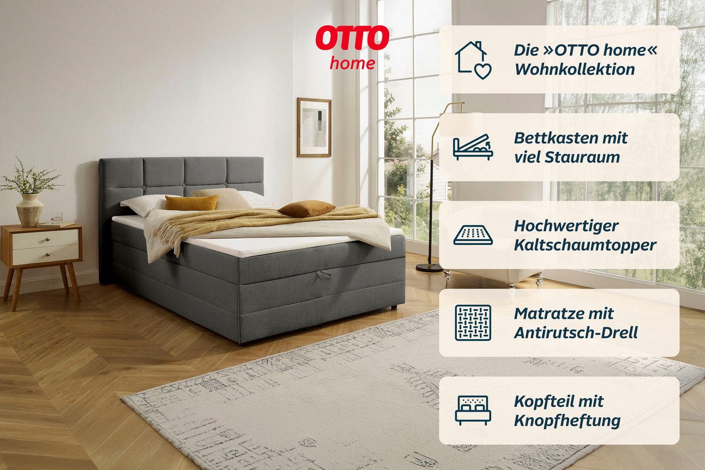 OTTO home Boxbett FILLMORE, Polsterbett mit Bettkasten und Taschenfederkernmatratze H3, mit Kaltschaumtopper, Strukturstoff-Bezug, 140x200 & 180x200 cm – Bild 4 von 5