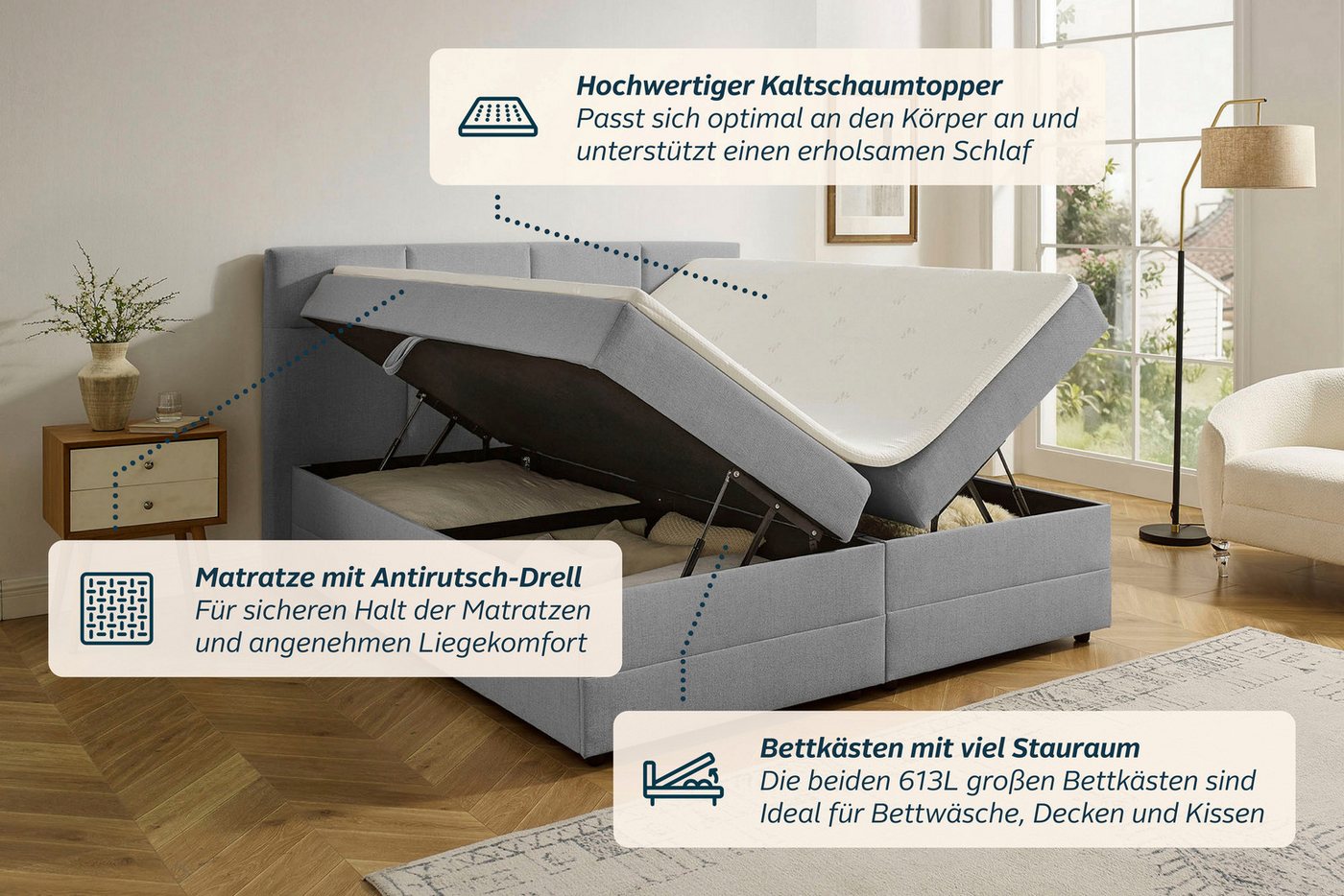 OTTO home Boxbett FILLMORE, Polsterbett mit Bettkasten und Taschenfederkernmatratze H3, mit Kaltschaumtopper, Strukturstoff-Bezug, 140x200 & 180x200 cm – Bild 5 von 5