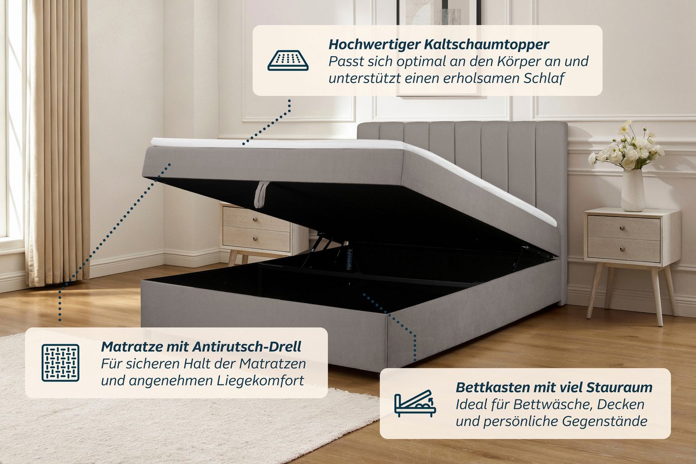 OTTO home Boxbett HAILEYY, Polsterbett mit Bettkasten, inkl. Taschenfederkernmatratze H3, mit Kaltschaumtopper, Chenille-Bezug, 140x200 & 180x200 cm – Bild 4 von 5