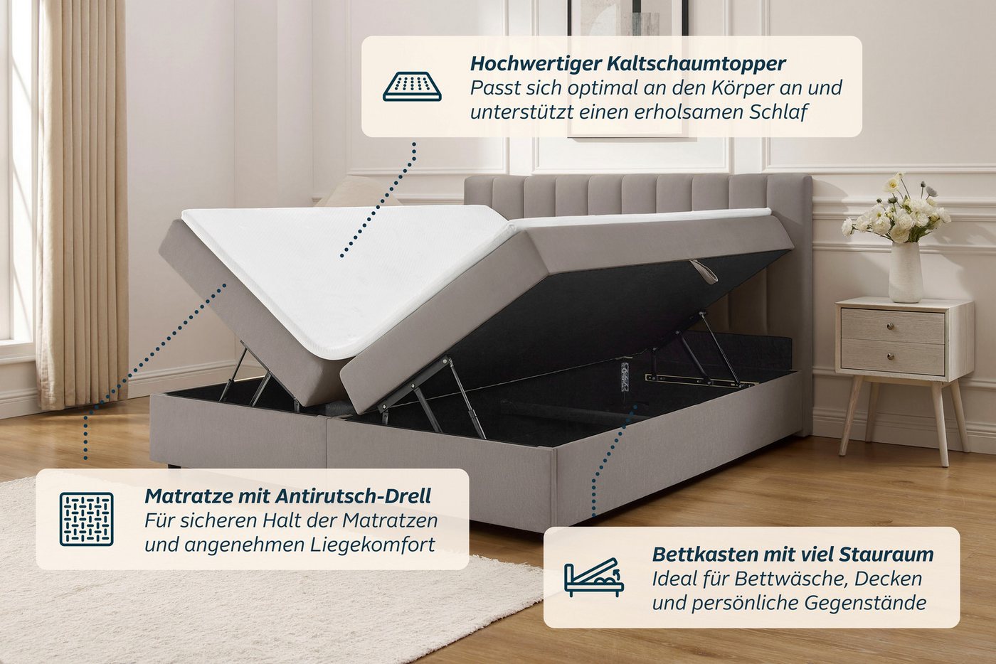 OTTO home Boxbett HAILEYY, Polsterbett mit Bettkasten, inkl. Taschenfederkernmatratze H3, mit Kaltschaumtopper, Chenille-Bezug, 140x200 & 180x200 cm – Bild 4 von 5