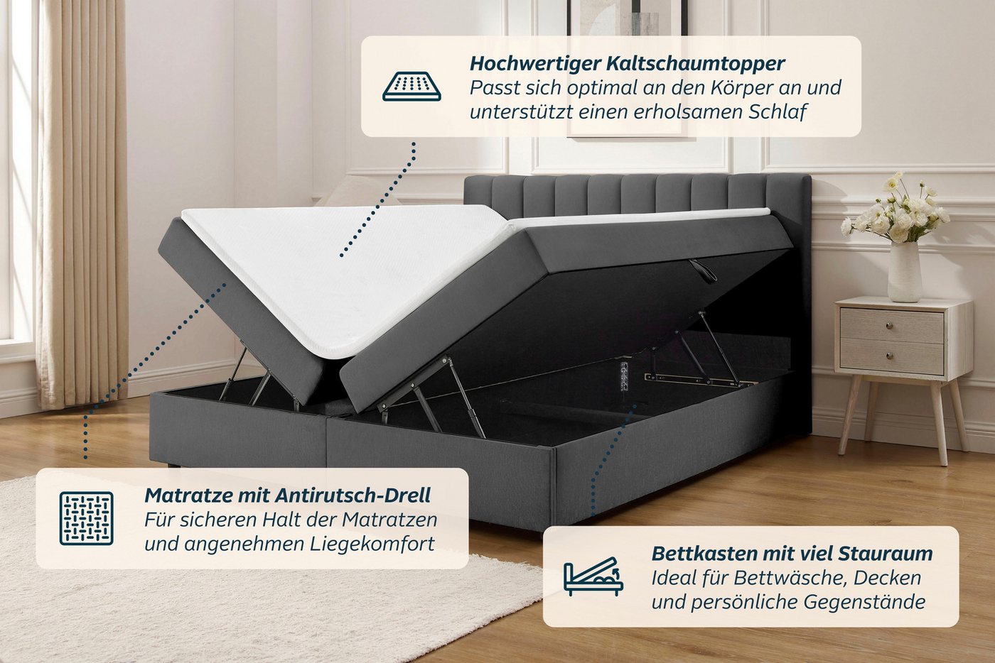 OTTO home Boxbett HAILEYY, Polsterbett mit Bettkasten, inkl. Taschenfederkernmatratze H3, mit Kaltschaumtopper, Chenille-Bezug, 140x200 & 180x200 cm – Bild 4 von 5
