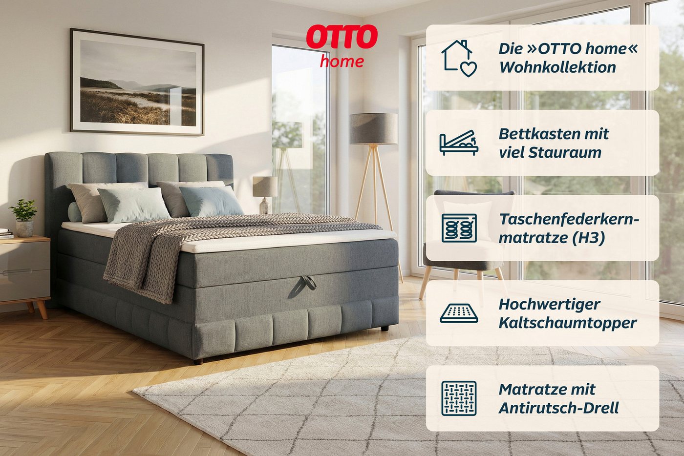 OTTO home Boxbett LIKELY, Polsterbett mit Bettkasten, inkl. Taschenfederkernmatratze H3, mit Kaltschaumtopper, Strukturstoff-Bezug, 140x200 & 180x200 cm – Bild 2 von 5
