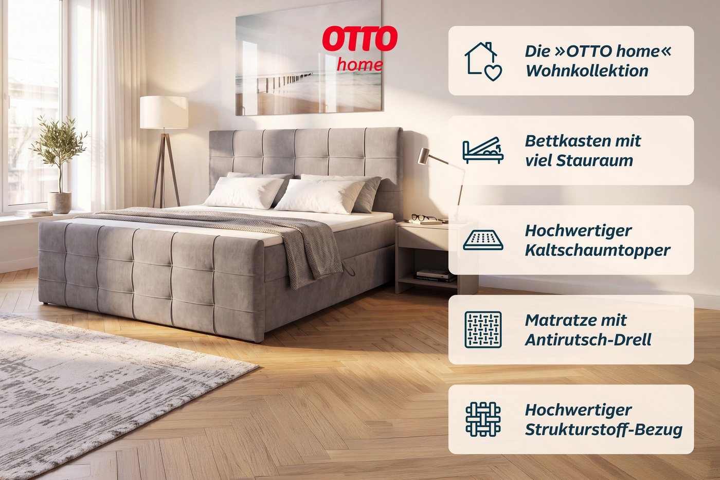 OTTO home Boxbett LILIENNE, Polsterbett mit Bettkasten und Taschenfederkernmatratze H3, mit Kaltschaumtopper, Chenille-Bezug, 160x200 & 180x200 cm – Bild 3 von 5