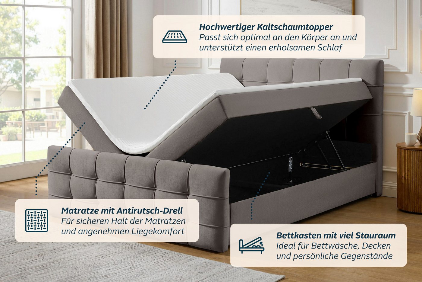 OTTO home Boxbett LILIENNE, Polsterbett mit Bettkasten und Taschenfederkernmatratze H3, mit Kaltschaumtopper, Chenille-Bezug, 160x200 & 180x200 cm – Bild 4 von 5