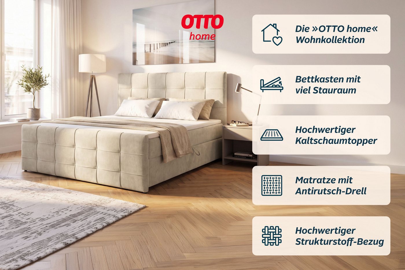 OTTO home Boxbett LILIENNE, Polsterbett mit Bettkasten und Taschenfederkernmatratze H3, mit Kaltschaumtopper, Chenille-Bezug, 160x200 & 180x200 cm – Bild 4 von 5
