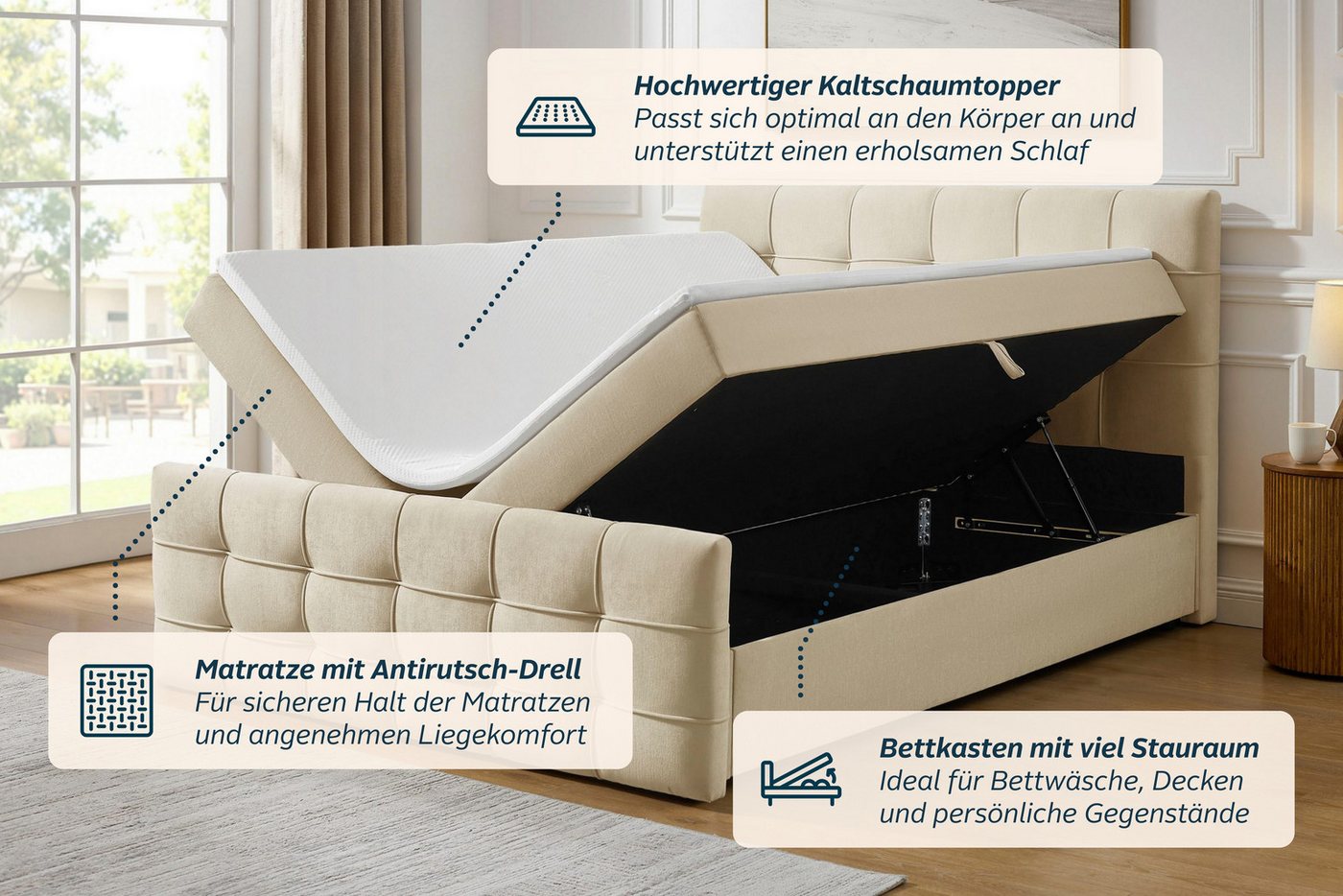 OTTO home Boxbett LILIENNE, Polsterbett mit Bettkasten und Taschenfederkernmatratze H3, mit Kaltschaumtopper, Chenille-Bezug, 160x200 & 180x200 cm – Bild 5 von 5