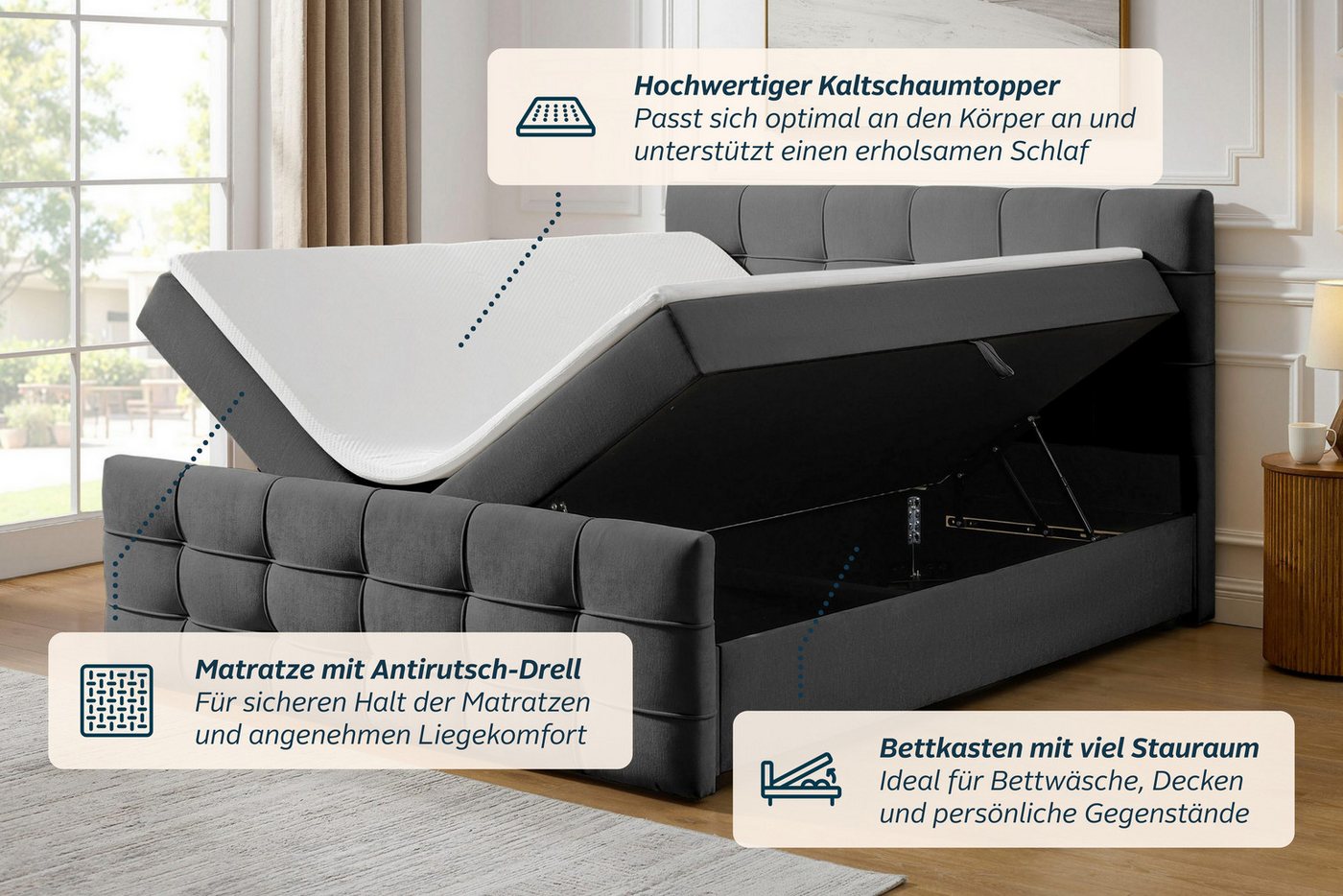 OTTO home Boxbett LILIENNE, Polsterbett mit Bettkasten und Taschenfederkernmatratze H3, mit Kaltschaumtopper, Chenille-Bezug, 160x200 & 180x200 cm – Bild 4 von 5