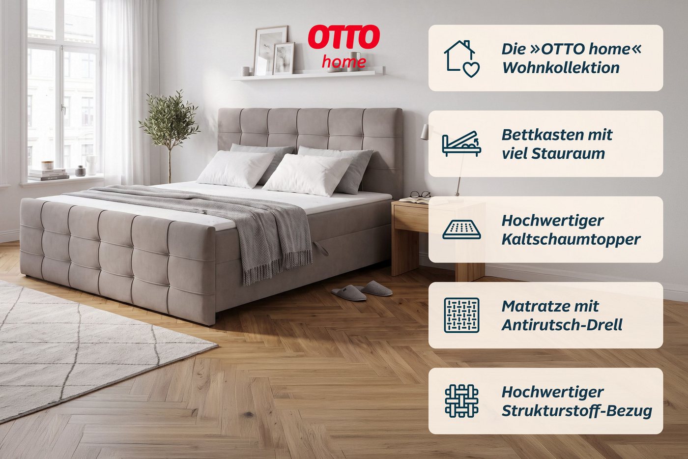 OTTO home Boxbett LILIENNE, Polsterbett mit Bettkasten und Taschenfederkernmatratze H3, mit Kaltschaumtopper, Chenille-Bezug, 160x200 & 180x200 cm – Bild 3 von 5