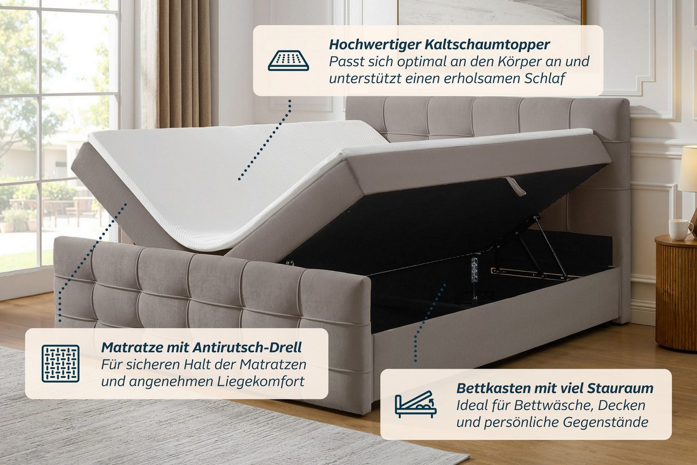 OTTO home Boxbett LILIENNE, Polsterbett mit Bettkasten und Taschenfederkernmatratze H3, mit Kaltschaumtopper, Chenille-Bezug, 160x200 & 180x200 cm – Bild 4 von 5
