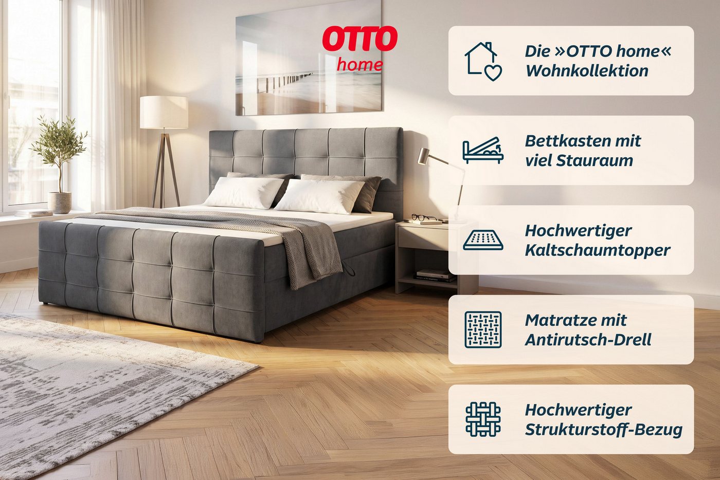 OTTO home Boxbett LILIENNE, Polsterbett mit Bettkasten und Taschenfederkernmatratze H3, mit Kaltschaumtopper, Chenille-Bezug, 160x200 & 180x200 cm – Bild 3 von 5
