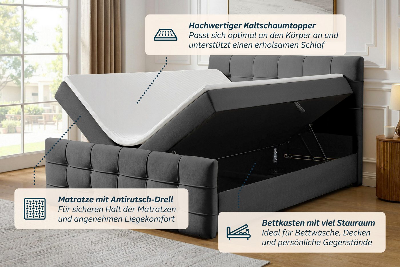 OTTO home Boxbett LILIENNE, Polsterbett mit Bettkasten und Taschenfederkernmatratze H3, mit Kaltschaumtopper, Chenille-Bezug, 160x200 & 180x200 cm – Bild 4 von 5