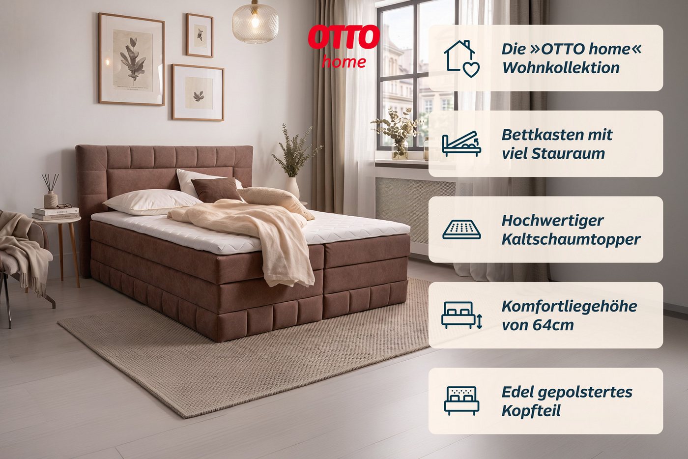 OTTO home Boxbett PHILIPPA, Polsterbett mit Bettkasten, mit Taschenfederkernmatratze H3 (Komfortliegehöhe: 64cm), mit Kaltschaum-Topper, Microfaser-Bezug, wahlw – Bild 2 von 5