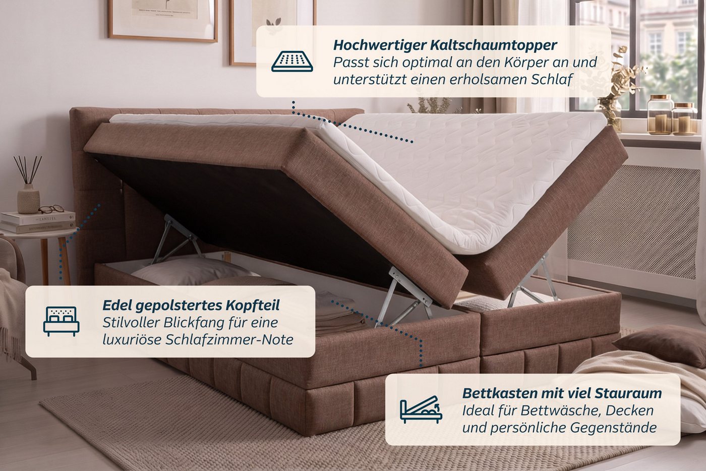 OTTO home Boxbett PHILIPPA, Polsterbett mit Bettkasten, mit Taschenfederkernmatratze H3 (Komfortliegehöhe: 64cm), mit Kaltschaum-Topper, Microfaser-Bezug, wahlw – Bild 3 von 5
