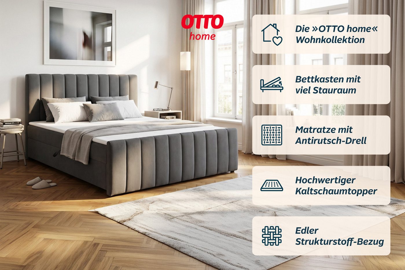 OTTO home Boxbett YANNA, Polsterbett mit Bettkasten, inkl. Taschenfederkernmatratze H3, mit Kaltschaumtopper, Chenille-Bezug, Liegefläche 180x200 cm – Bild 3 von 5