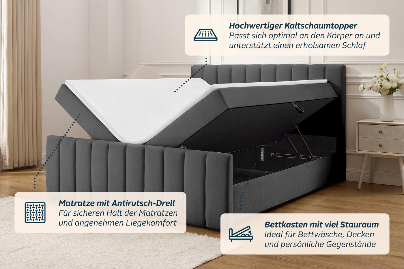 OTTO home Boxbett YANNA, Polsterbett mit Bettkasten, inkl. Taschenfederkernmatratze H3, mit Kaltschaumtopper, Chenille-Bezug, Liegefläche 180x200 cm – Bild 4 von 5