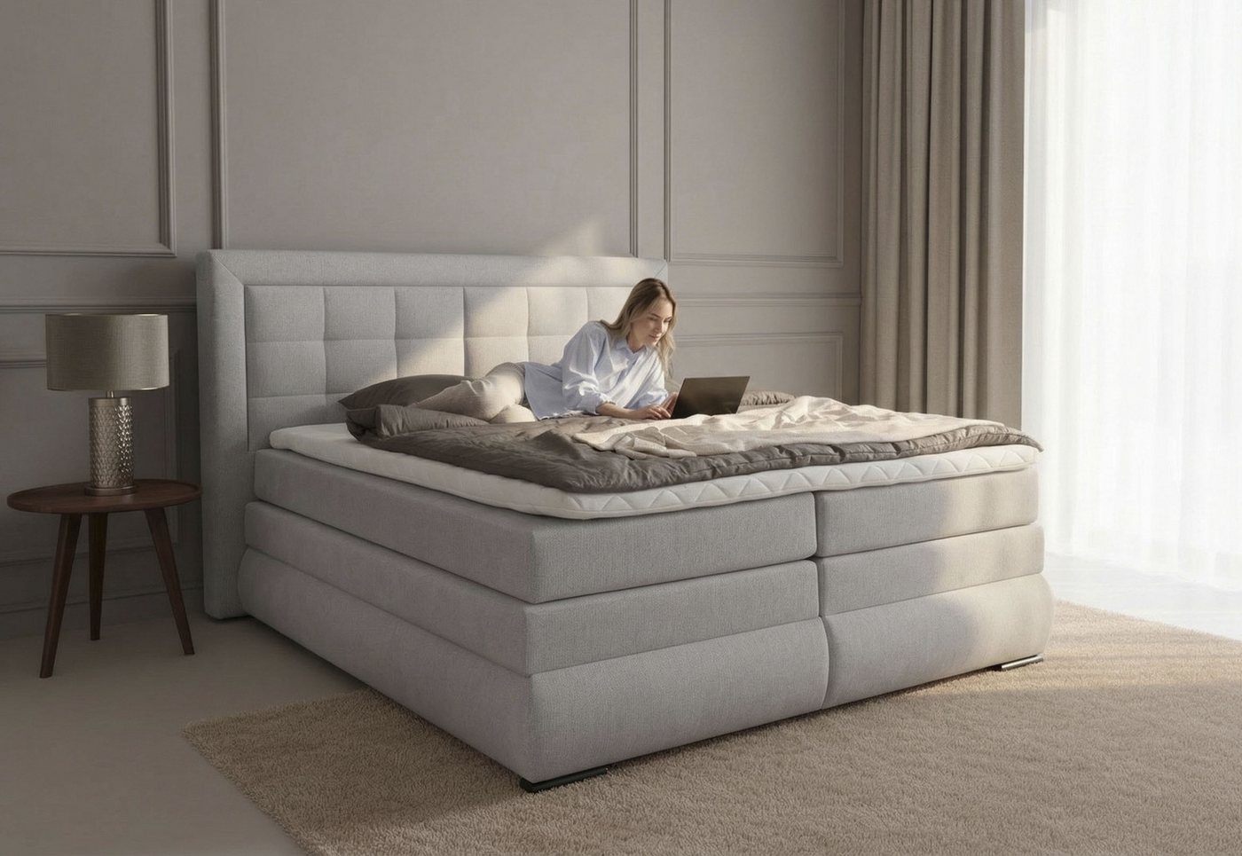 OTTO home Boxspringbett MIVVA mit Bettkasten, mit Taschenfederkernmatratze H3, H3/H4 mix, H4 (mit hochwertigem Strukturstoff, wahlweise mit LED-Leuchten), mit K – Bild 3 von 5