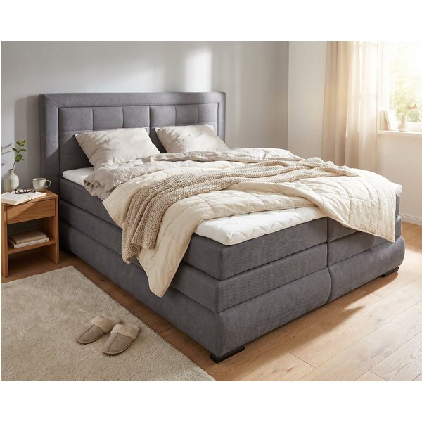 OTTO home Boxspringbett MIVVA mit Bettkasten, mit Taschenfederkernmatratze H3, H3/H4 mix, H4 (mit hochwertigem Strukturstoff, wahlweise mit LED-Leuchten), mit K