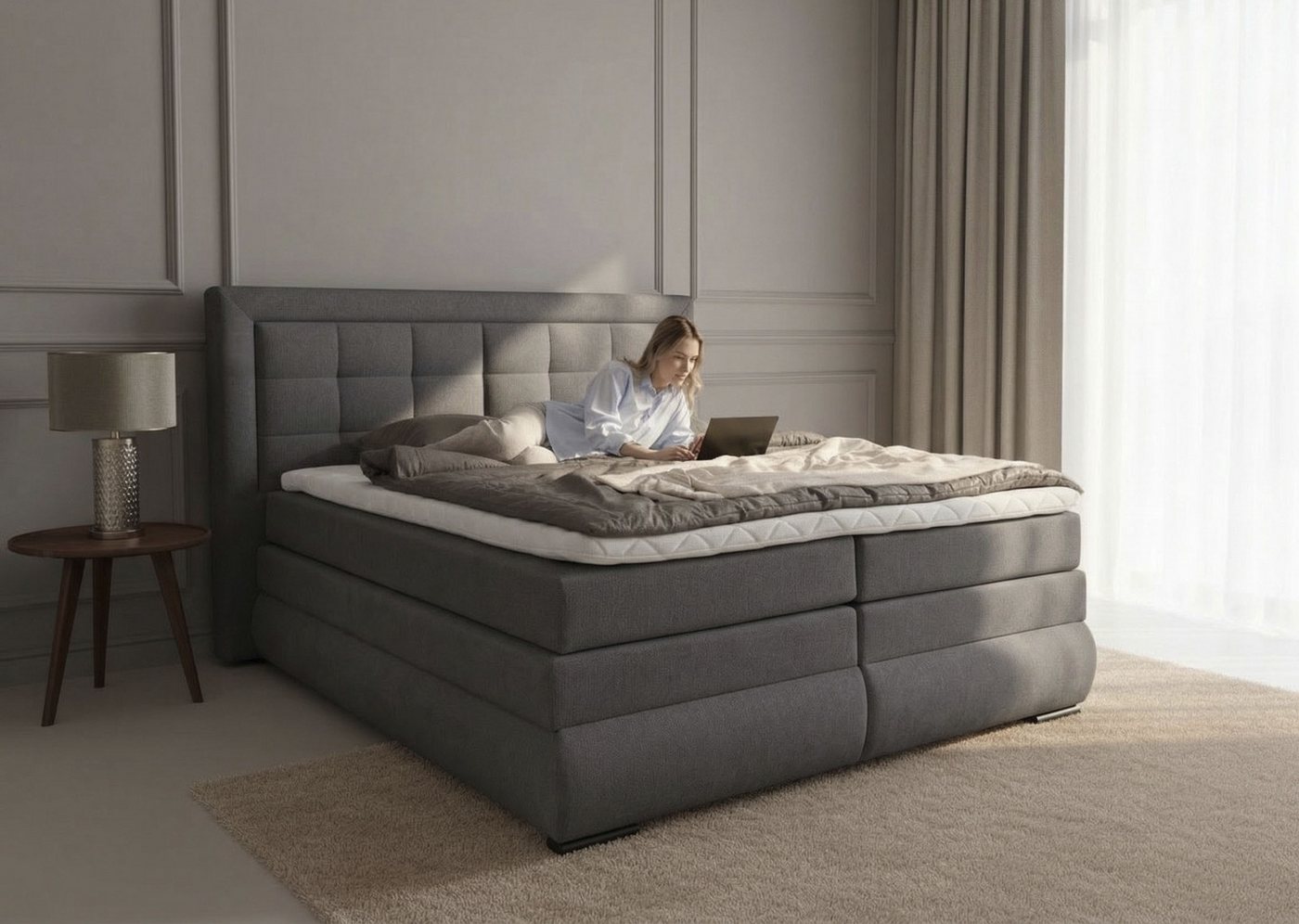 OTTO home Boxspringbett MIVVA mit Bettkasten, mit Taschenfederkernmatratze H3, H3/H4 mix, H4 (mit hochwertigem Strukturstoff, wahlweise mit LED-Leuchten), mit K – Bild 3 von 5