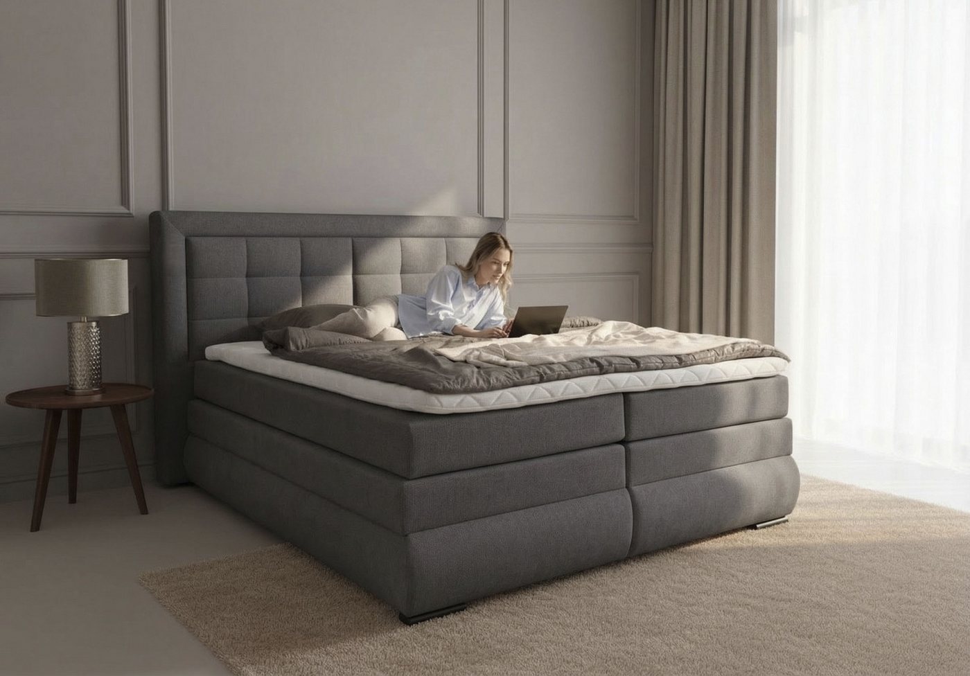 OTTO home Boxspringbett MIVVA mit Bettkasten, mit Taschenfederkernmatratze H3, H3/H4 mix, H4 (mit hochwertigem Strukturstoff, wahlweise mit LED-Leuchten), mit K – Bild 3 von 5