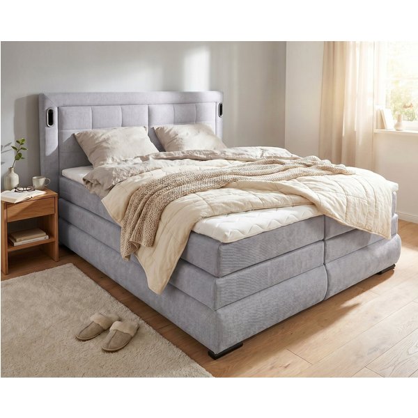 OTTO home Boxspringbett MIVVA mit Bettkasten, mit Taschenfederkernmatratze H3, H3/H4 mix, H4 (mit hochwertigem Strukturstoff, wahlweise mit LED-Leuchten), mit K