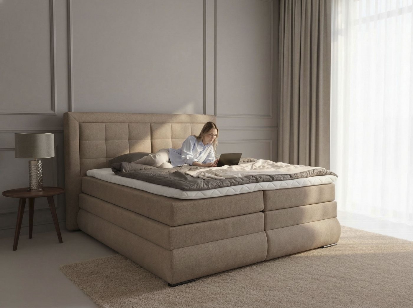 OTTO home Boxspringbett MIVVA mit Bettkasten, mit Taschenfederkernmatratze H3, H3/H4 mix, H4 (mit hochwertigem Strukturstoff, wahlweise mit LED-Leuchten), mit K – Bild 3 von 5