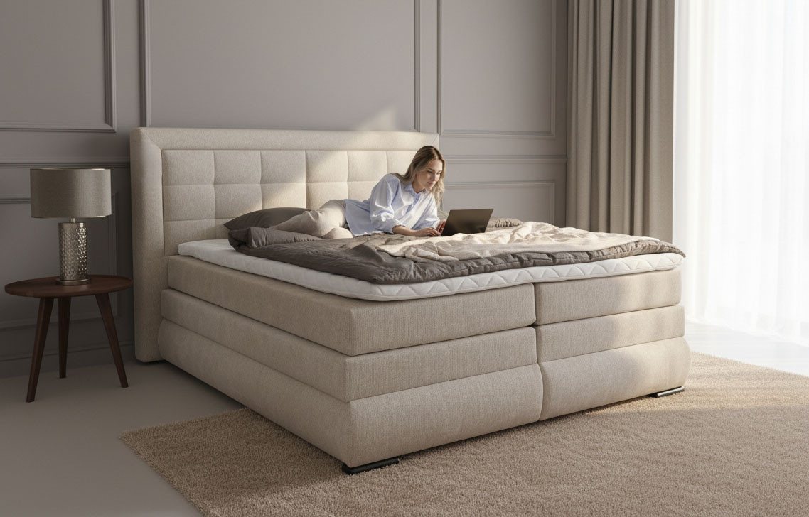 OTTO home Boxspringbett MIVVA mit Bettkasten, mit Taschenfederkernmatratze H3, H3/H4 mix, H4 (mit hochwertigem Strukturstoff, wahlweise mit LED-Leuchten), mit K – Bild 3 von 5
