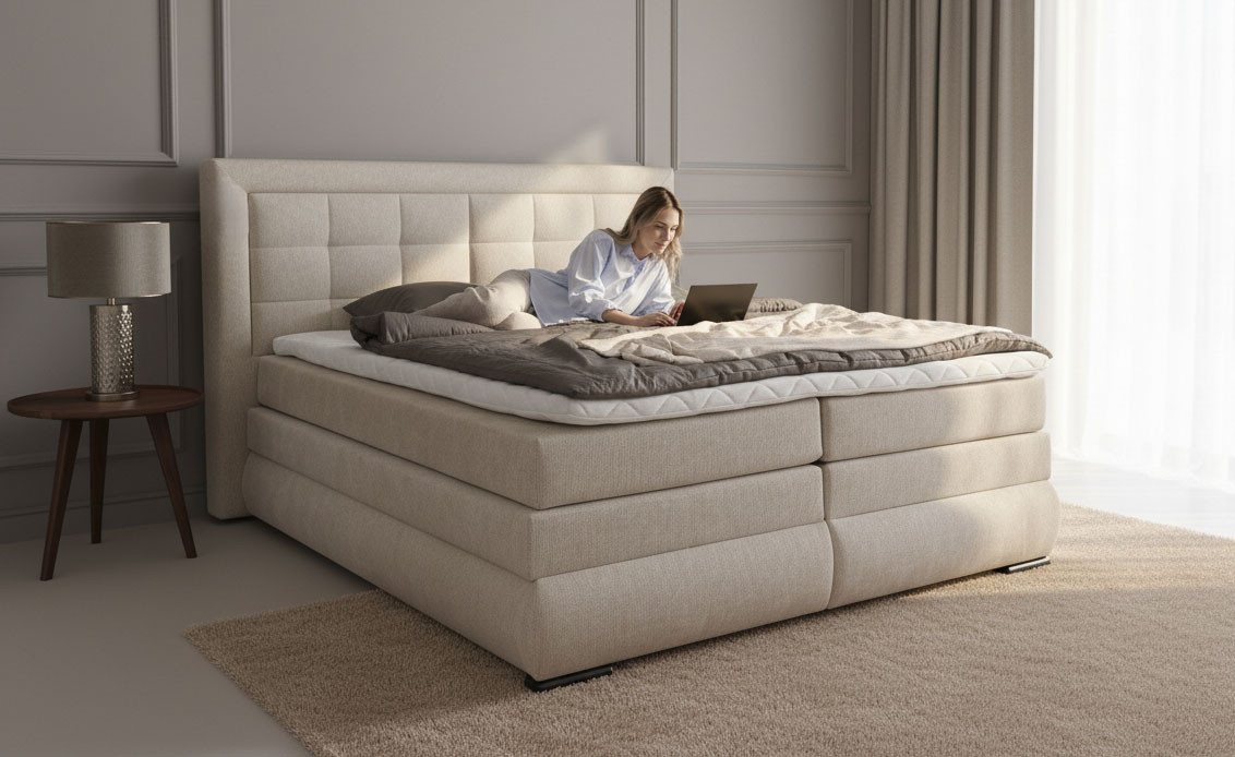OTTO home Boxspringbett MIVVA mit Bettkasten, mit Taschenfederkernmatratze H3, H3/H4 mix, H4 (mit hochwertigem Strukturstoff, wahlweise mit LED-Leuchten), mit K – Bild 3 von 5
