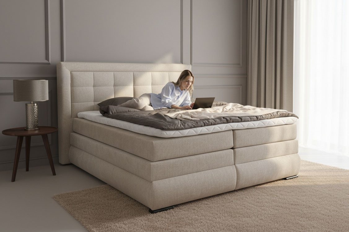 OTTO home Boxspringbett MIVVA mit Bettkasten, mit Taschenfederkernmatratze H3, H3/H4 mix, H4 (mit hochwertigem Strukturstoff, wahlweise mit LED-Leuchten), mit K – Bild 3 von 5