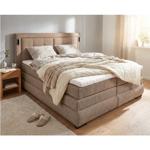 OTTO home Boxspringbett MIVVA mit Bettkasten, mit Taschenfederkernmatratze H3, H3/H4 mix, H4 (mit hochwertigem Strukturstoff, wahlweise mit LED-Leuchten), mit K