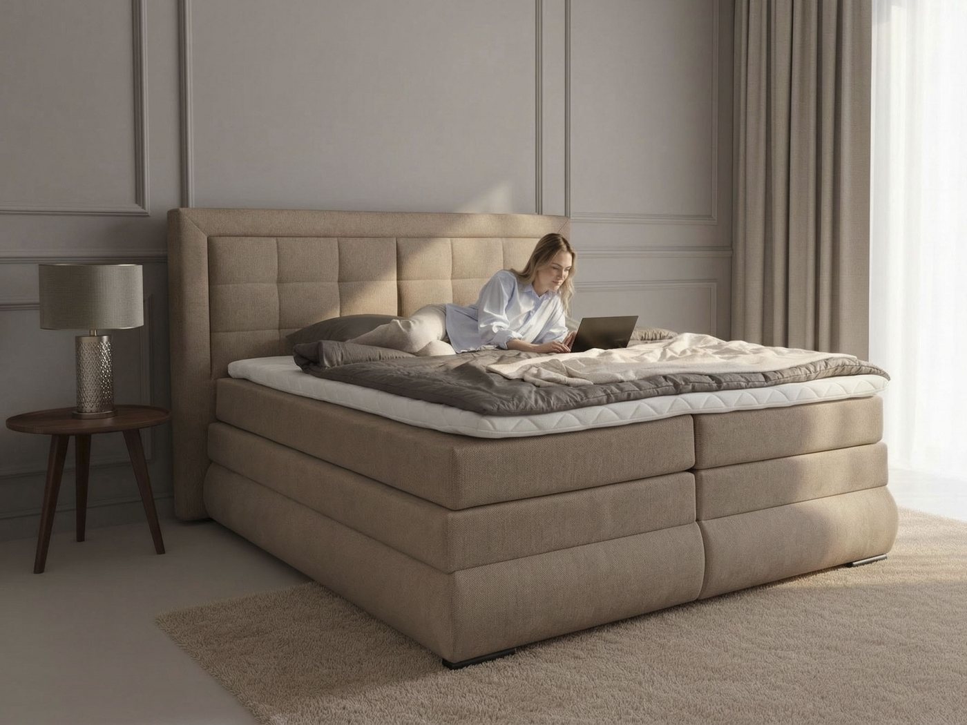 OTTO home Boxspringbett MIVVA mit Bettkasten, mit Taschenfederkernmatratze H3, H3/H4 mix, H4 (mit hochwertigem Strukturstoff, wahlweise mit LED-Leuchten), mit K – Bild 3 von 5