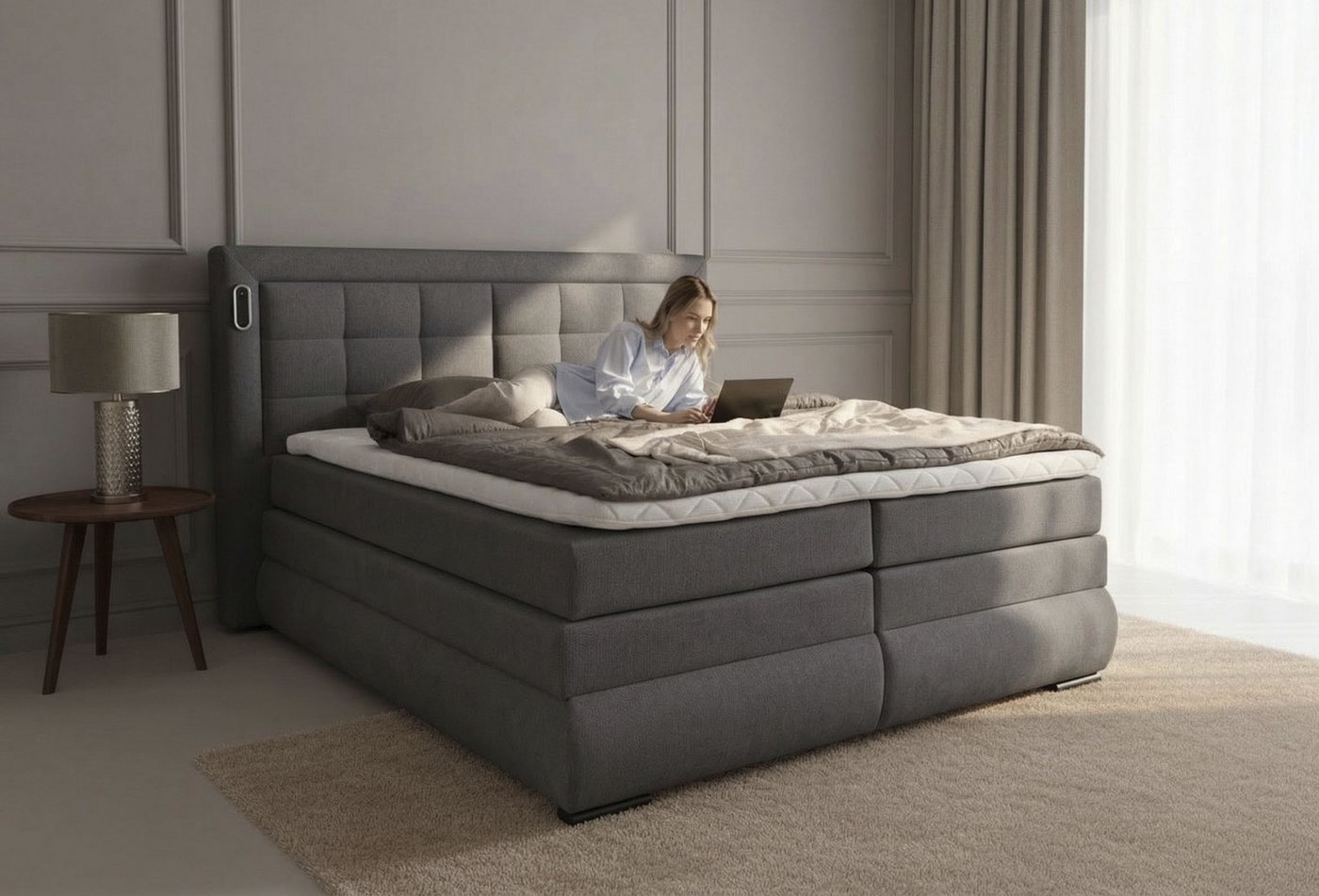OTTO home Boxspringbett MIVVA mit Bettkasten, mit Taschenfederkernmatratze H3, H3/H4 mix, H4 (mit hochwertigem Strukturstoff, wahlweise mit LED-Leuchten), mit K – Bild 5 von 5