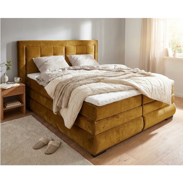 OTTO home Boxspringbett MIVVA mit Bettkasten, mit Taschenfederkernmatratze H3, H3/H4 mix, H4 (mit hochwertigem Luxus-Microfaser-Stoff, wahlweise mit LED-Leuchte