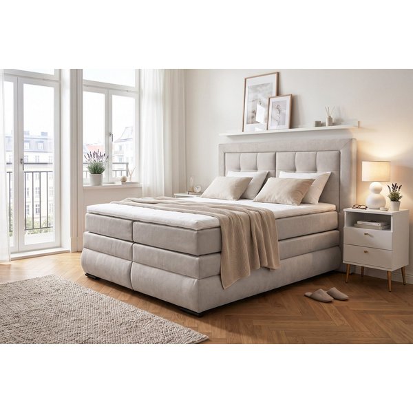 OTTO home Boxspringbett MIVVA mit Bettkasten, mit Taschenfederkernmatratze H3, H3/H4 mix, H4 (mit hochwertigem Strukturstoff, wahlweise mit LED-Leuchten), mit K