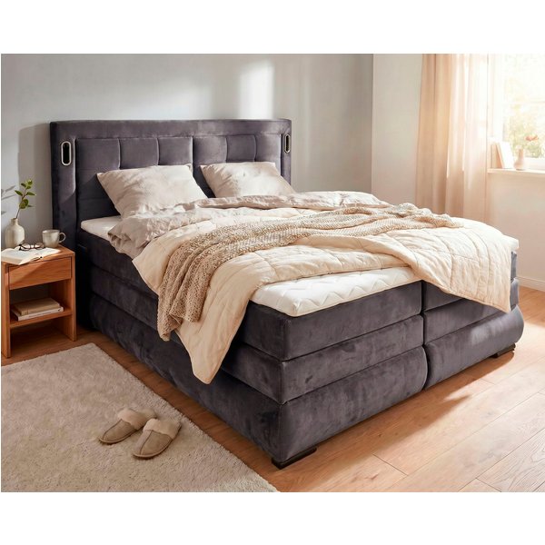 OTTO home Boxspringbett MIVVA mit Bettkasten, mit Taschenfederkernmatratze H3, H3/H4 mix, H4 (mit hochwertigem Luxus-Microfaser-Stoff, wahlweise mit LED-Leuchte