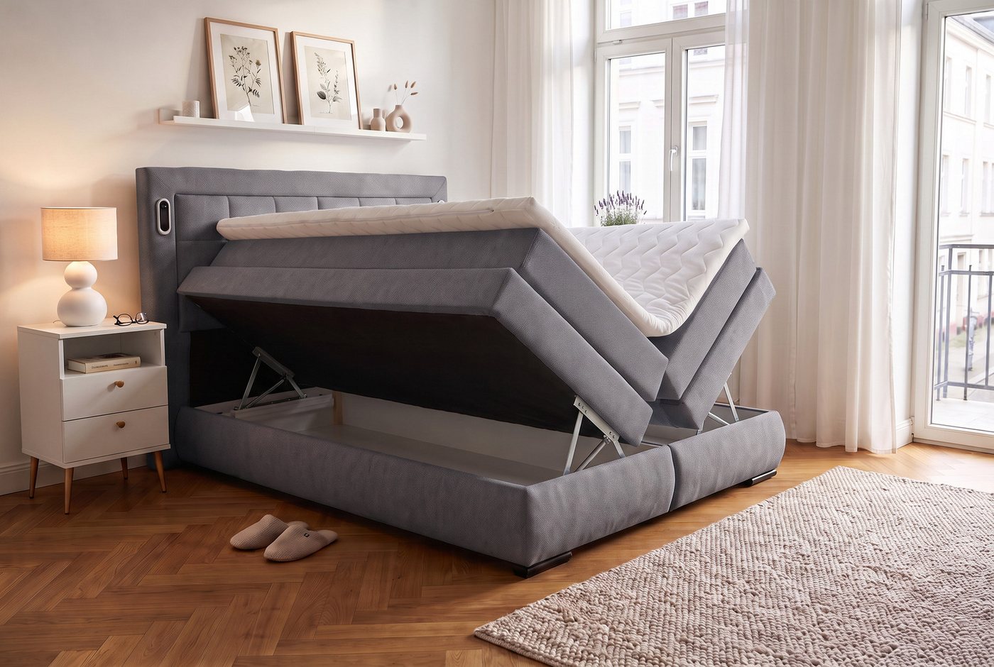 OTTO home Boxspringbett MIVVA mit Bettkasten, mit Taschenfederkernmatratze H3, H3/H4 mix, H4 (mit hochwertigem Luxus-Microfaser-Stoff, wahlweise mit LED-Leuchte – Bild 2 von 5