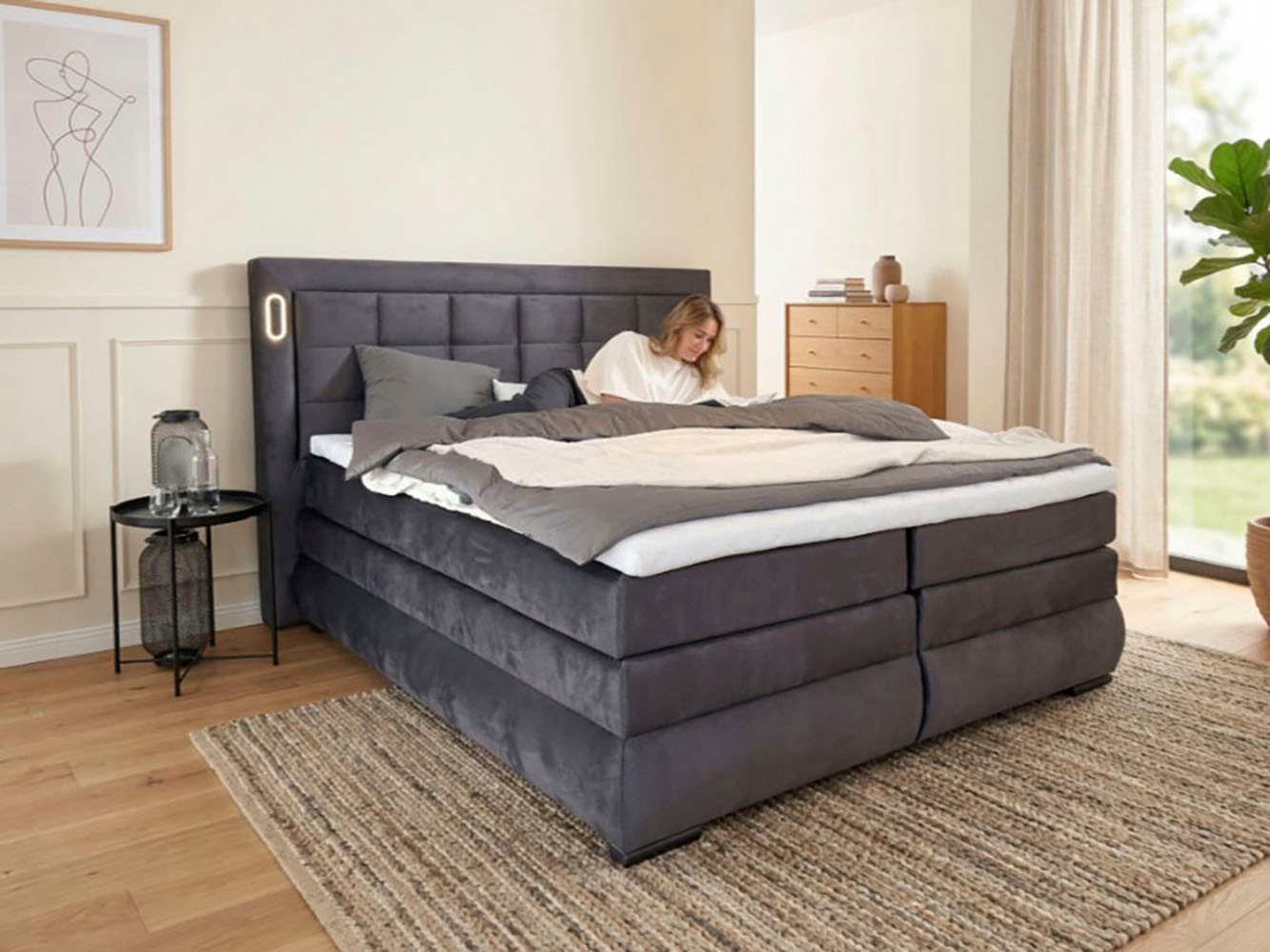OTTO home Boxspringbett MIVVA mit Bettkasten, mit Taschenfederkernmatratze H3, H3/H4 mix, H4 (mit hochwertigem Luxus-Microfaser-Stoff, wahlweise mit LED-Leuchte – Bild 3 von 5
