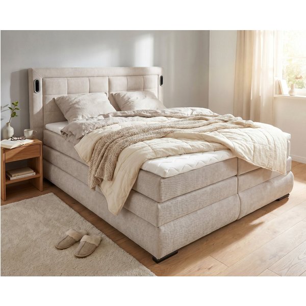 OTTO home Boxspringbett MIVVA mit Bettkasten, mit Taschenfederkernmatratze H3, H3/H4 mix, H4 (mit hochwertigem Strukturstoff, wahlweise mit LED-Leuchten), mit K
