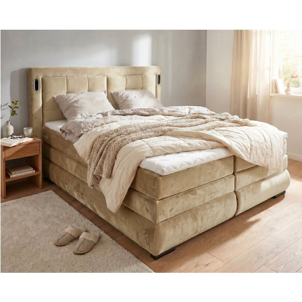 OTTO home Boxspringbett MIVVA mit Bettkasten, mit Taschenfederkernmatratze H3, H3/H4 mix, H4 (mit hochwertigem Luxus-Microfaser-Stoff, wahlweise mit LED-Leuchte