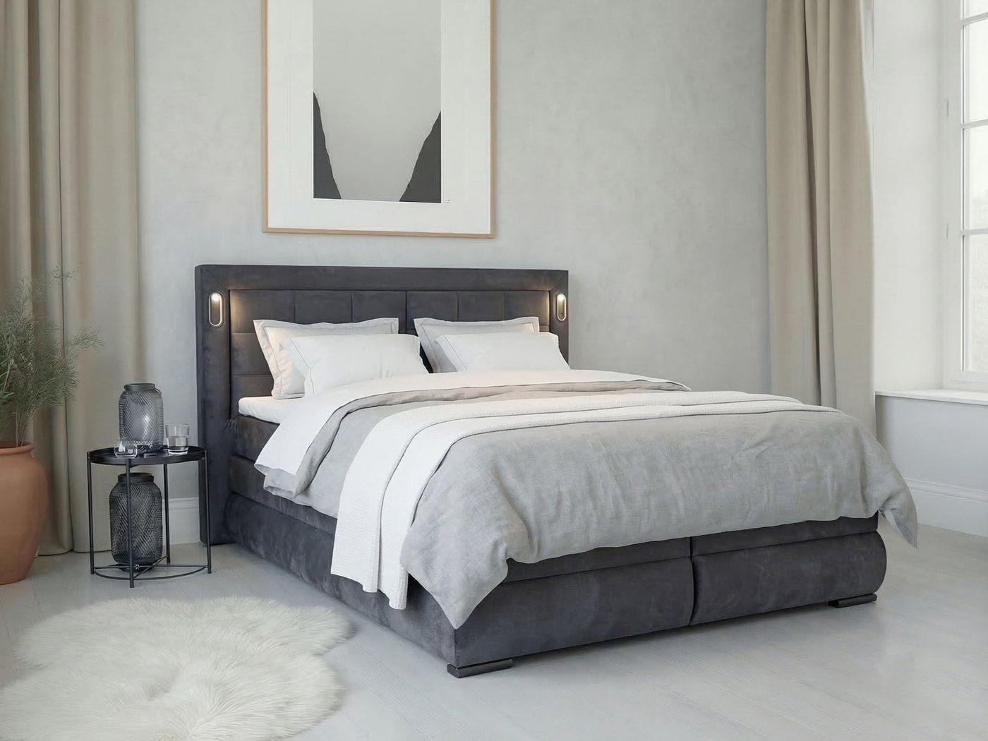 OTTO home Boxspringbett MIVVA mit Bettkasten, mit Taschenfederkernmatratze H3, H3/H4 mix, H4 (mit hochwertigem Luxus-Microfaser-Stoff, wahlweise mit LED-Leuchte – Bild 3 von 5