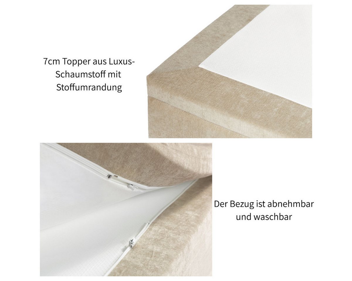 OTTO home Boxspringbett VIVIANNE, Polsterbett mit 7-Zonen-Taschenfederkernmatratze H3, inkl. 7 cm Komfortschaum-Topper, Chenille-Bezug, 140- oder 180x200 cm – Bild 4 von 5