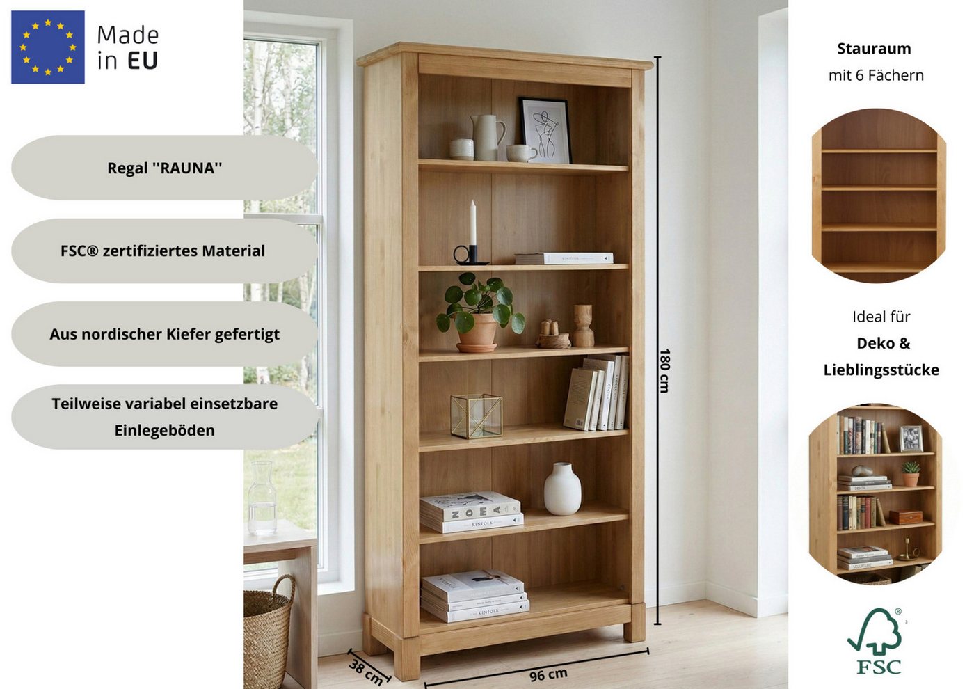 OTTO home Bücherregal Rauna, aus massiver Kiefer, Breite 96 cm, FSC® zertifiziert – Bild 3 von 5