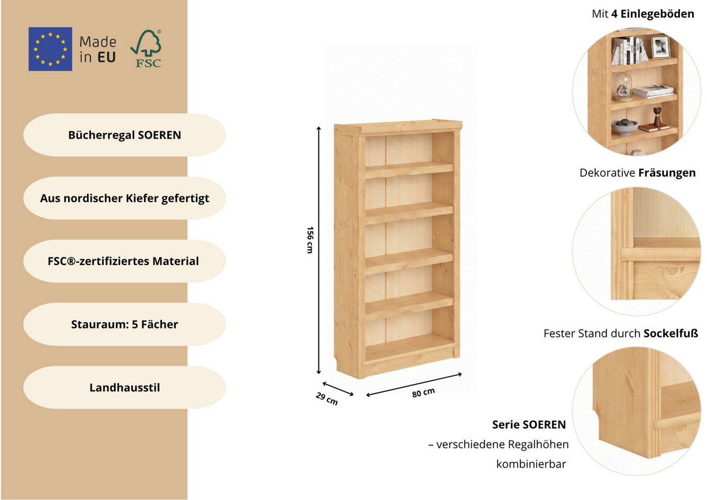 OTTO home Bücherregal Soeren, aus massiver Kiefer, Tiefe 29 cm, FSC®-zertifiziert – Bild 3 von 5