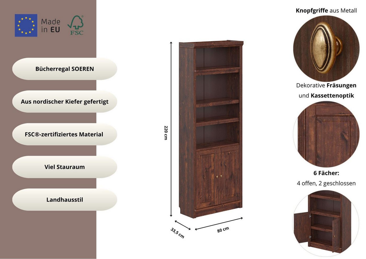 OTTO home Bücherregal Soeren, aus massiver Kiefer, FSC®-zertifiziert, Tiefe 33,5 cm – Bild 3 von 5