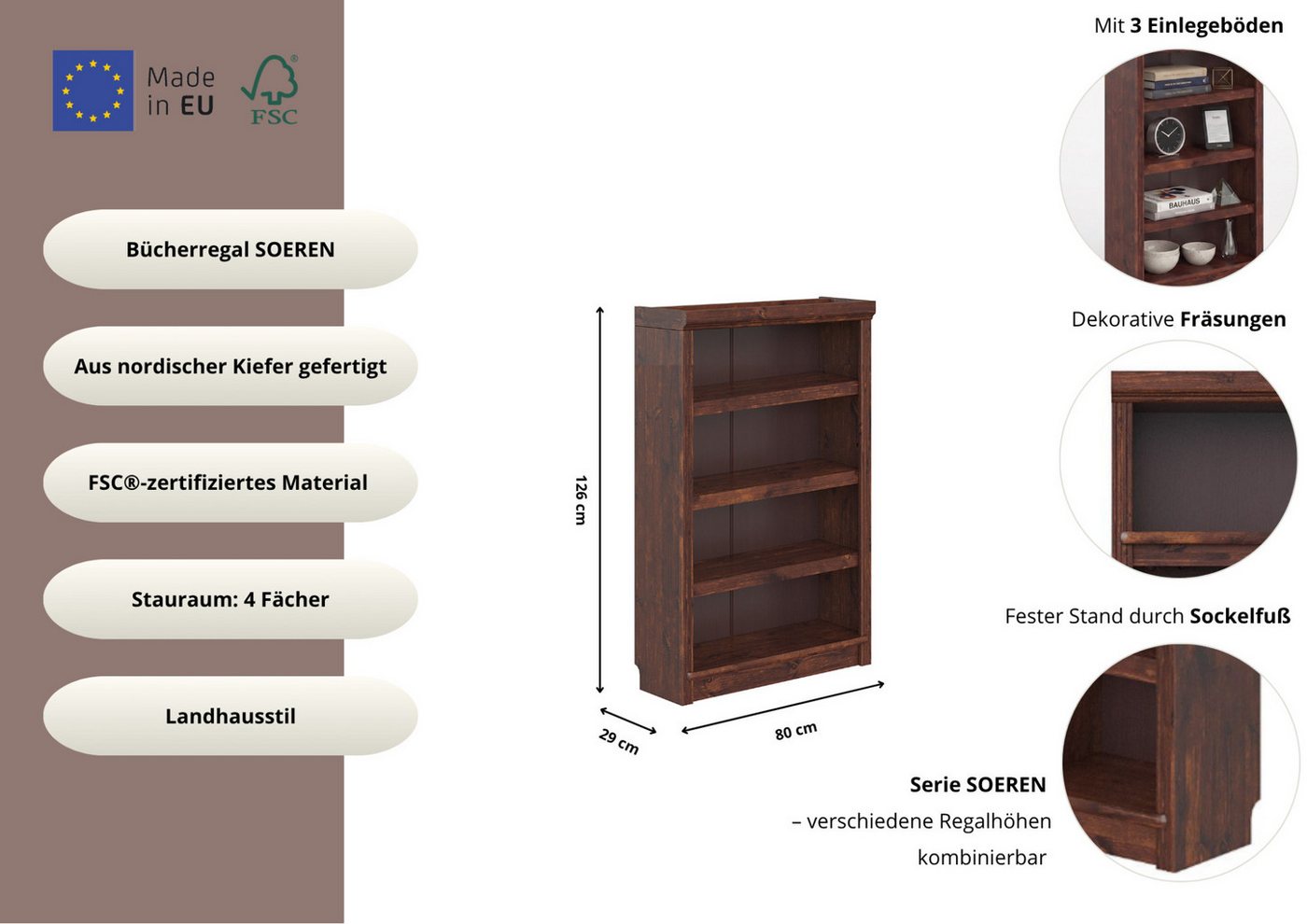 OTTO home Bücherregal Soeren, aus massiver Kiefer, Tiefe 29 cm, FSC®-zertifiziert – Bild 3 von 5